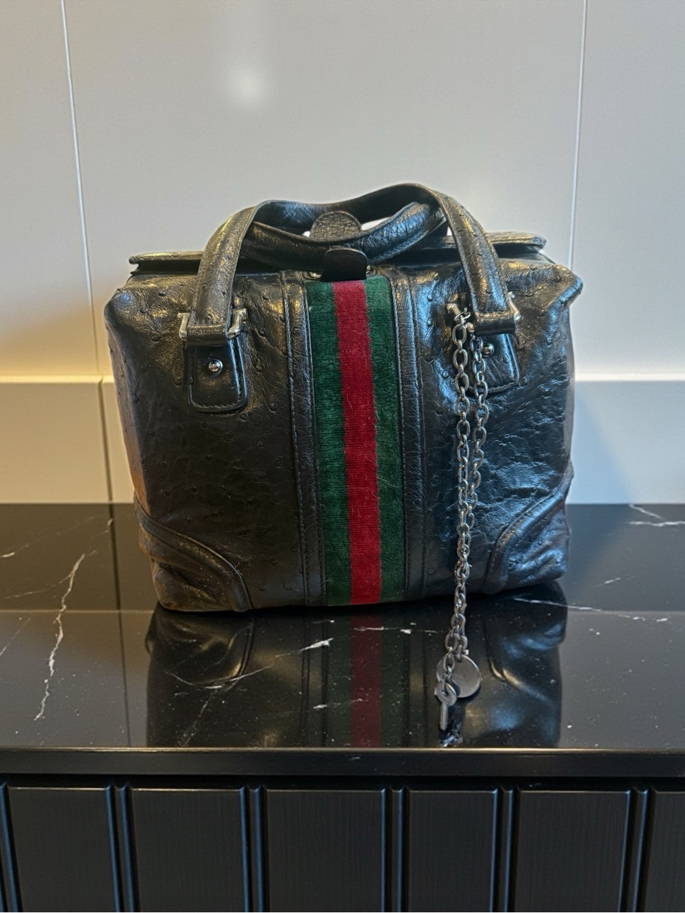 Rare Gucci Archival Ostrich Leather Web Stripe Satchel Bag Vintage Collector - Picture 3 of 8